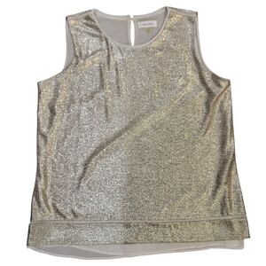 Calvin Klein Women's Sleeveless Blouse Sheer Lining Gold Metalic New Year's Sz L